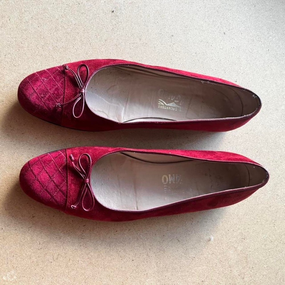 Red Suede Ferragamo Flats, Size 8
